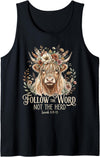 Religious Farmhouse Christian Cow Designs Christian Highland Cow Floral Follow The Word Not The Herd Tank Top - Black