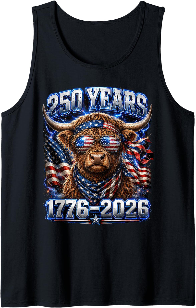 Independence Day Farmer Fourth of July Farm America Flag Highland Cow 4th of July Farm 250th Anniversary Tank Top - Black