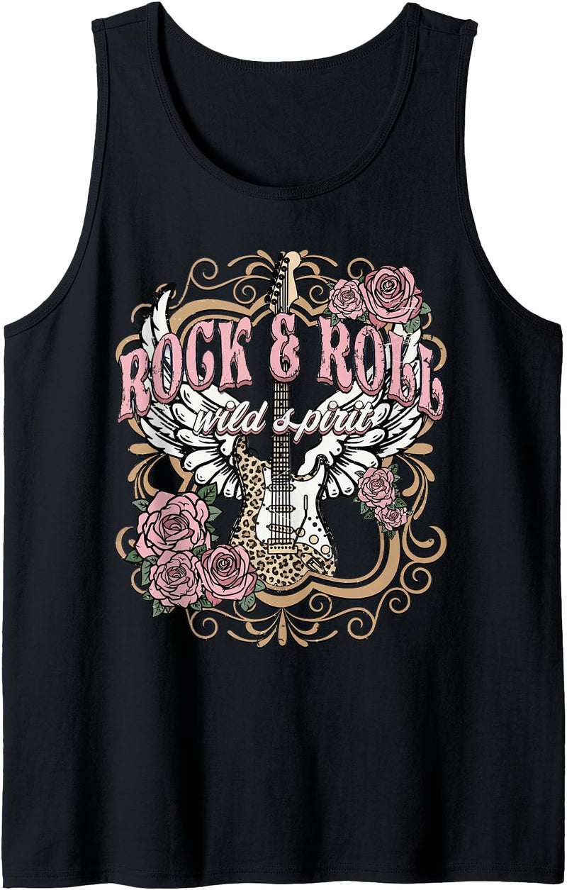 Rock & Roll Wild Spirit Leopard Guitar Floral Vintage Rock n Roll Wild Spirit Lets Rock Guitar Floral Tank Top - Black