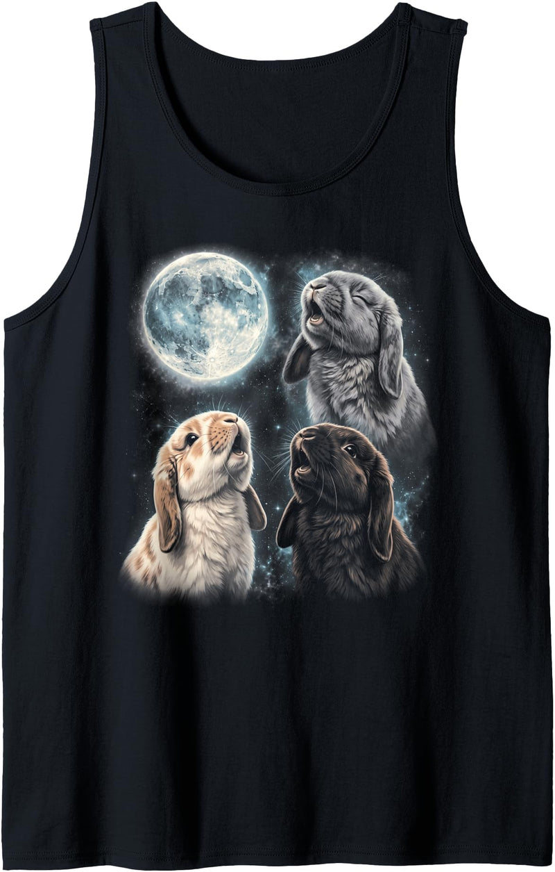 Holland Lop Rabbit Howling at Moon Retro 90's Tank Top in Black