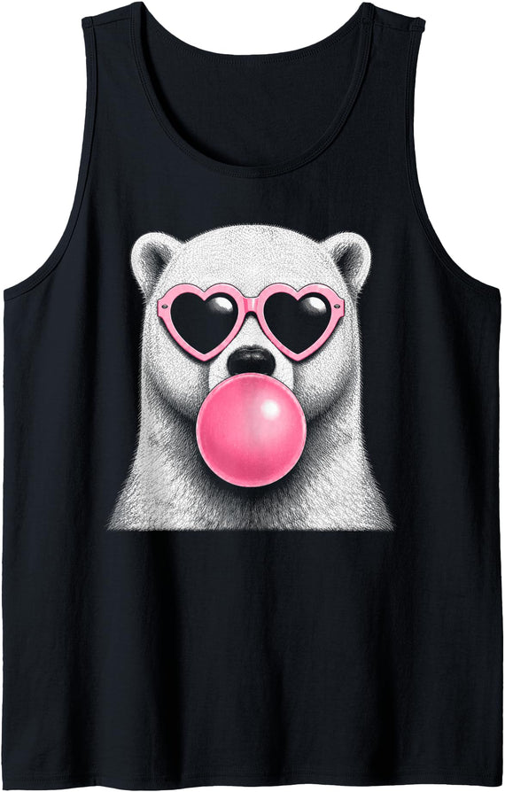 Retro Bubblegum Polar Bear Lover Polar Bear Pink Heart Sunglasses Funny Bubble Gum Tank Top - Black