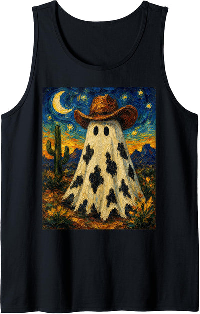 Cute Cowboy Ghost Halloween Spooky Art Cow Print Cowboy Hat Tank Top