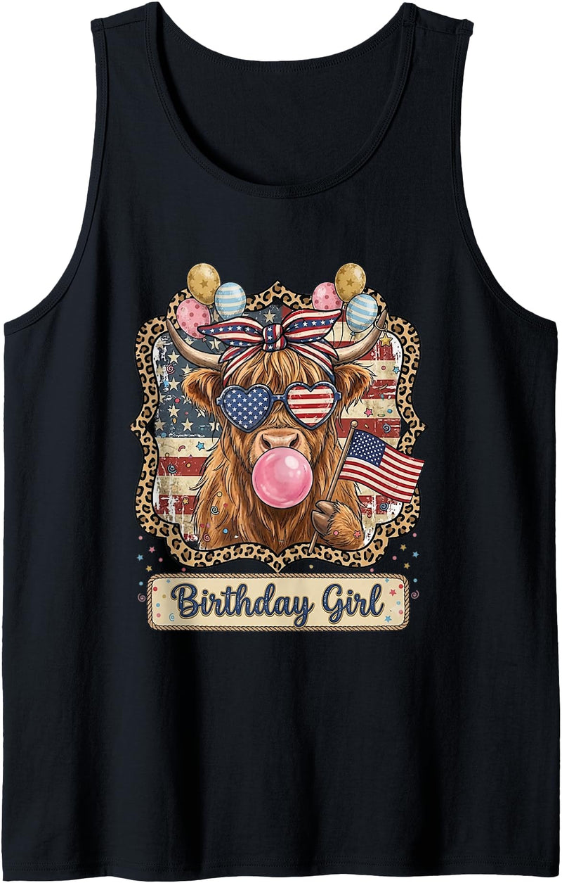 Patriotic Highland Cow Birthday Girl Flag Apparel Patriotic Highland Cow Birthday Girl Flag Design Tank Top - Black