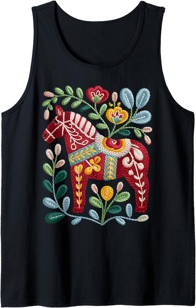 Swedish Dala Horse Swedish Nationality Swedish Dala Horse Folk Art Sweden Flag Dalahelmsoljd Horse Tank Top