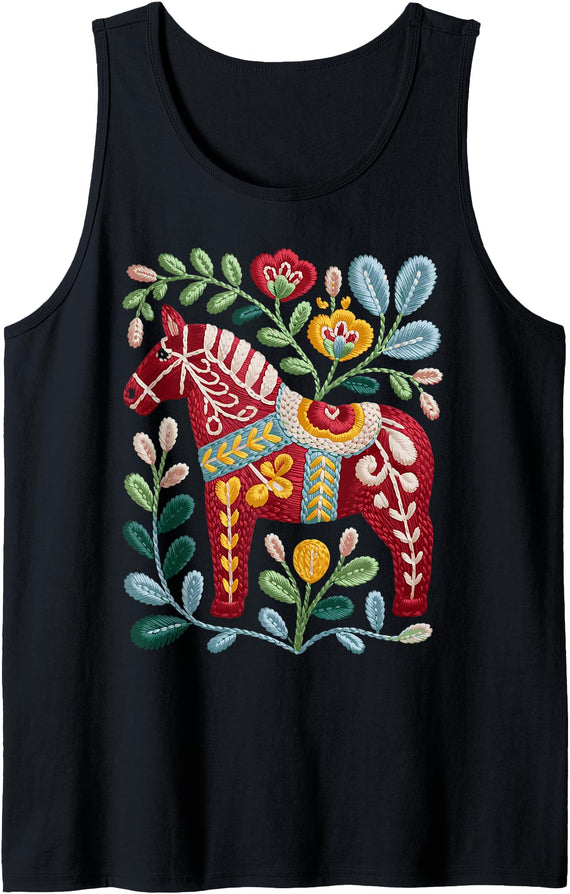 Swedish Dala Horse Swedish Nationality Swedish Dala Horse Folk Art Sweden Flag Dalahelmsoljd Horse Tank Top - Black