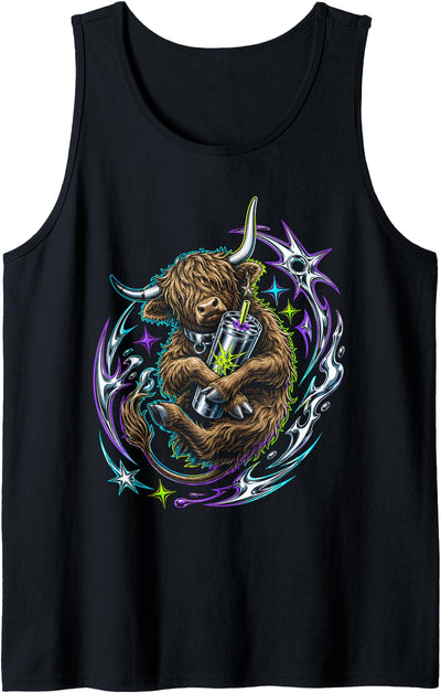 Cow Charm Highland Cow Hugging a Straw Tank Top