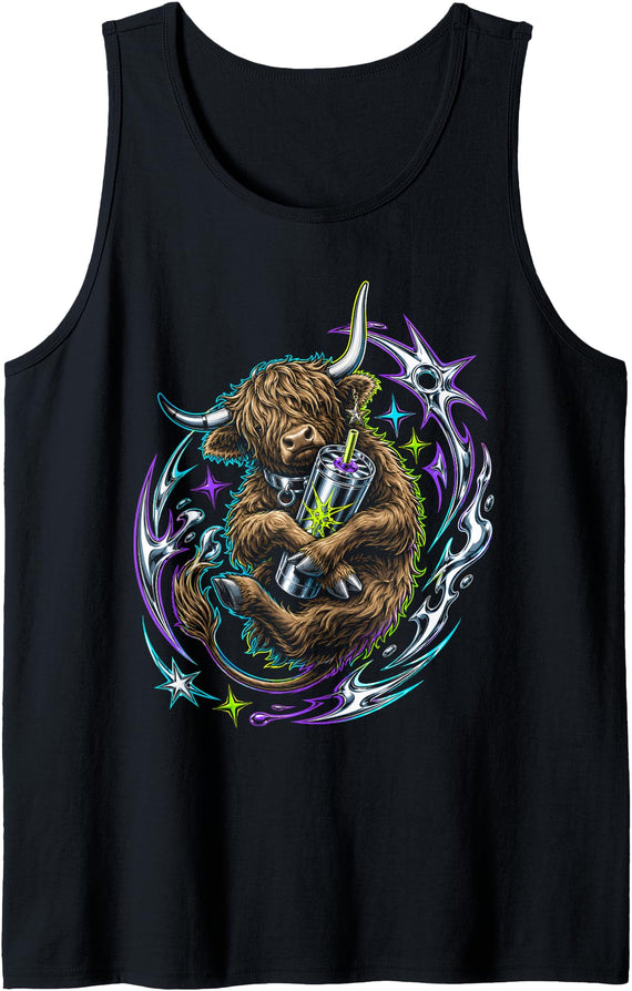 Shaggy Cow Charm Highland Cow Hugging a Straw Highland Cow Tank Top - As Pictured