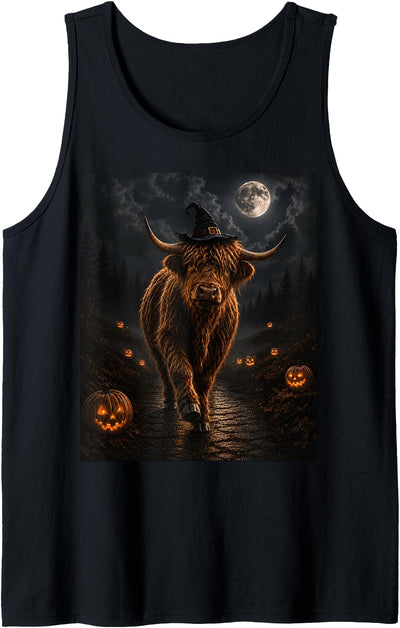 Spooky Highland Cow Halloween Farm Anima Witch Hat Moon Tank Top