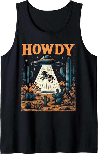 Howdy Western Cowboy Ufo Alien Saucer Cow Lover Usa America Tank Top