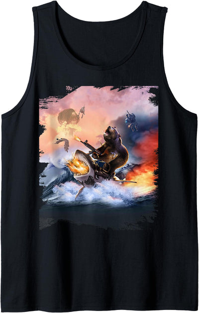 Bear Riding Shark Funny Tank Top