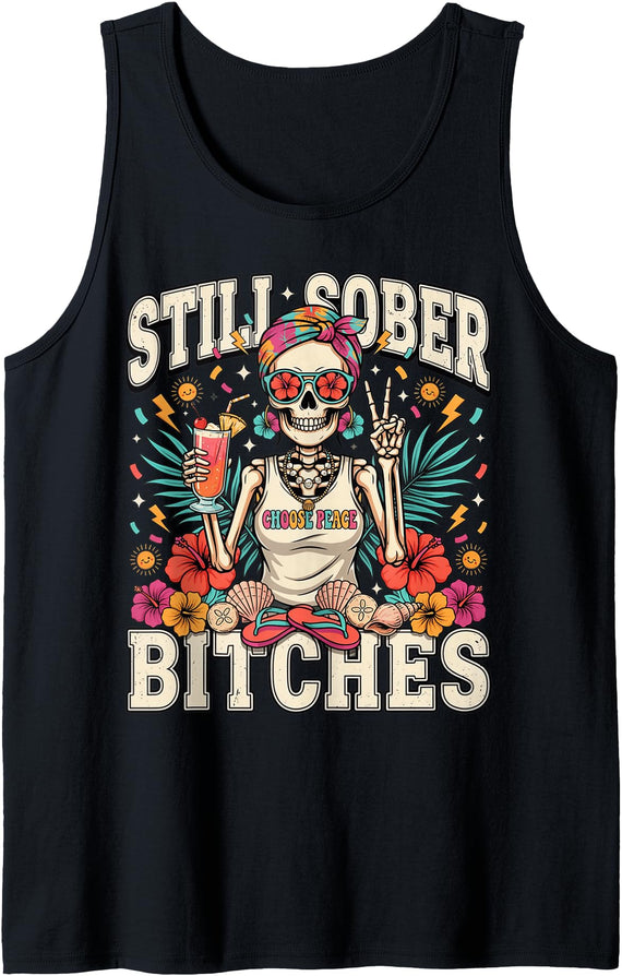 Messy Bun Drinking Coffee Tees Still Sober Bitches Still Sober Bitches Messy Bun in Summer Halloween Skeleton Tank Top -