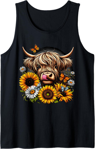 Highland Cow with Sunflowers and Butterflies Tank Top