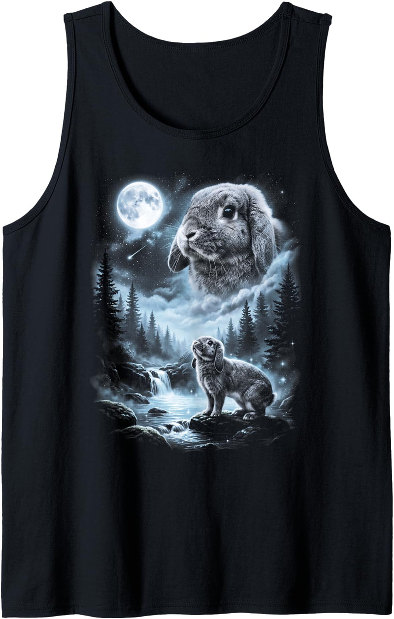 Holland Lop Rabbit Howling at Moon 90's Retro Tank Top in Black