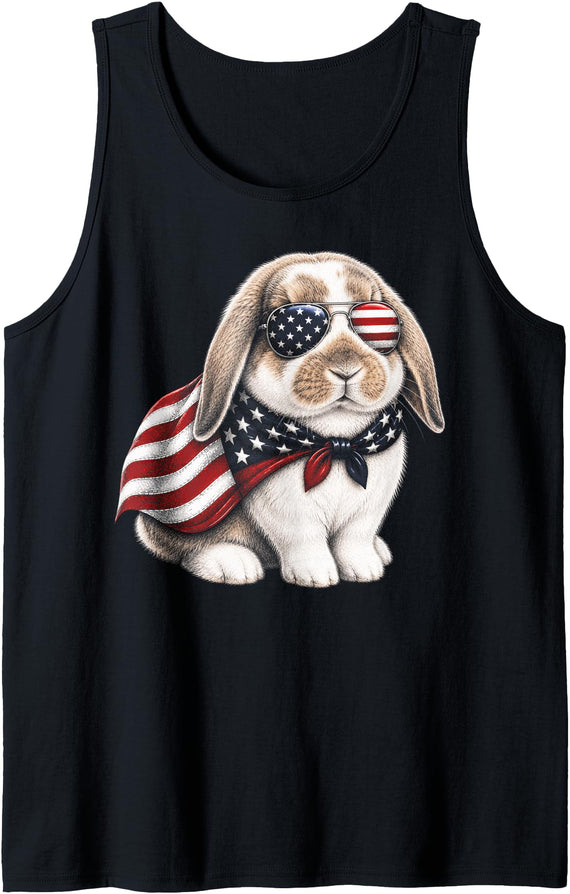 Holland Lop Rabbit 4th of July US American Flag Patriotic Tank Top in Black
