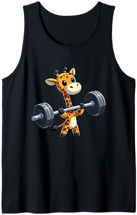 Giraffe Barbell Weight Lifter Cartoon Tank Top