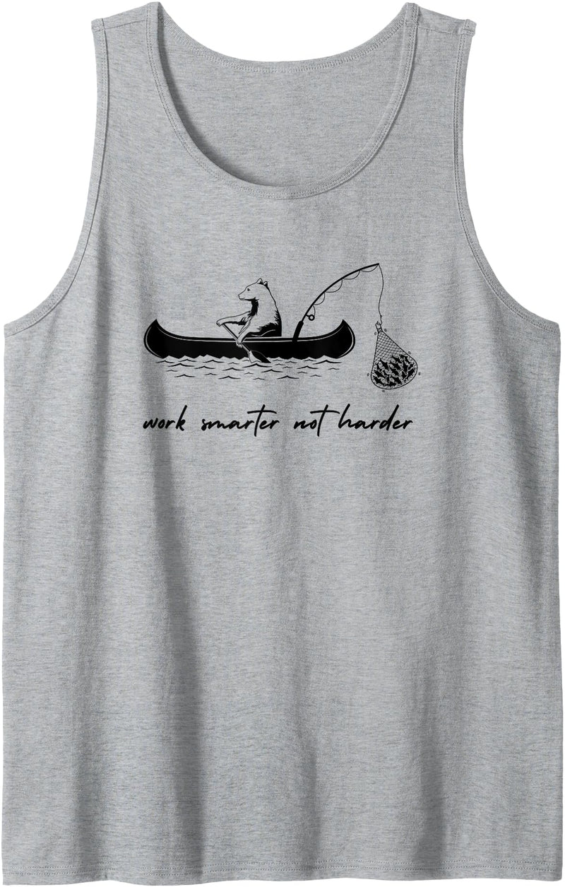 CAMCdesigns Work Smarter Not Harder Bear Fish Canoe Outdoors Funny Camp Tank Top - Heather Grey