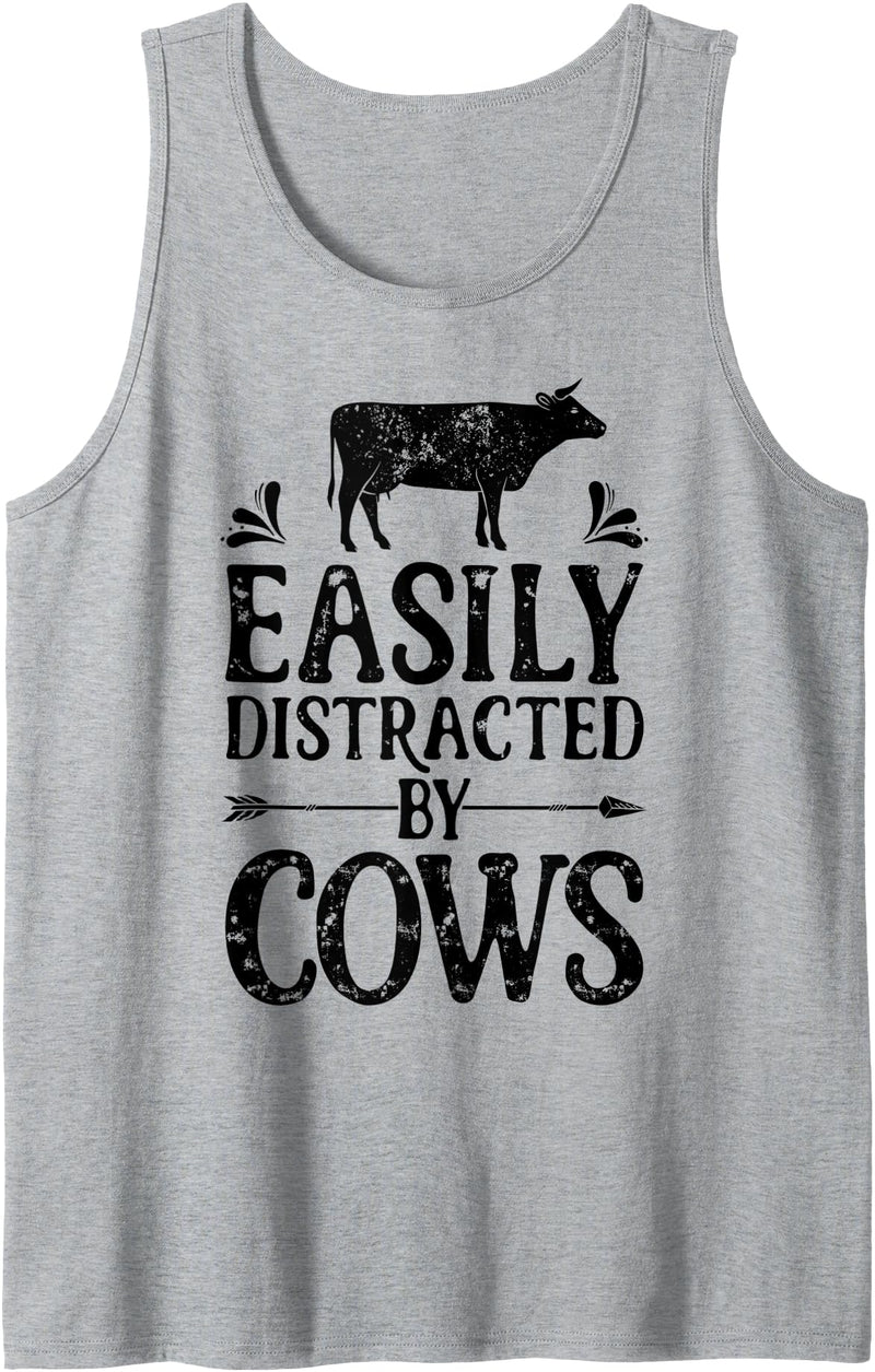 Legendairy Cow Co Easily Distracted By Cows Funny Cow Farmer Women Men Farm Tank Top - Heather Grey