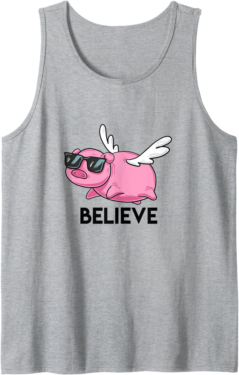 BoredKoalas Puns Believe Flying Pig with Sunglasses Funny Animal Puns Gift Tank Top - Heather Grey