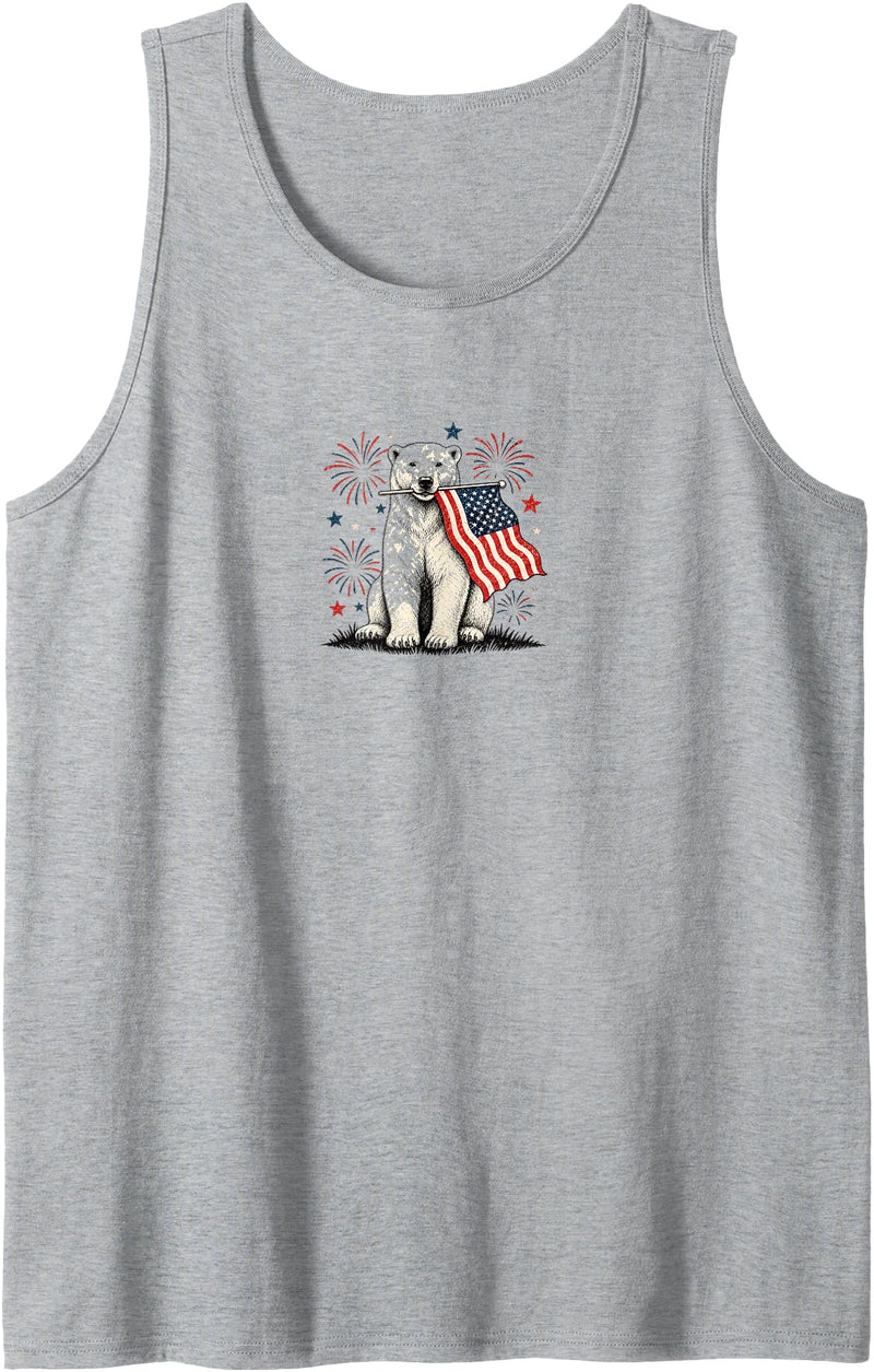 Polar Bear Proud USA Celebration Designs Polar Bear Holding America Flag USA 4th of July Tank Top - Heather Grey