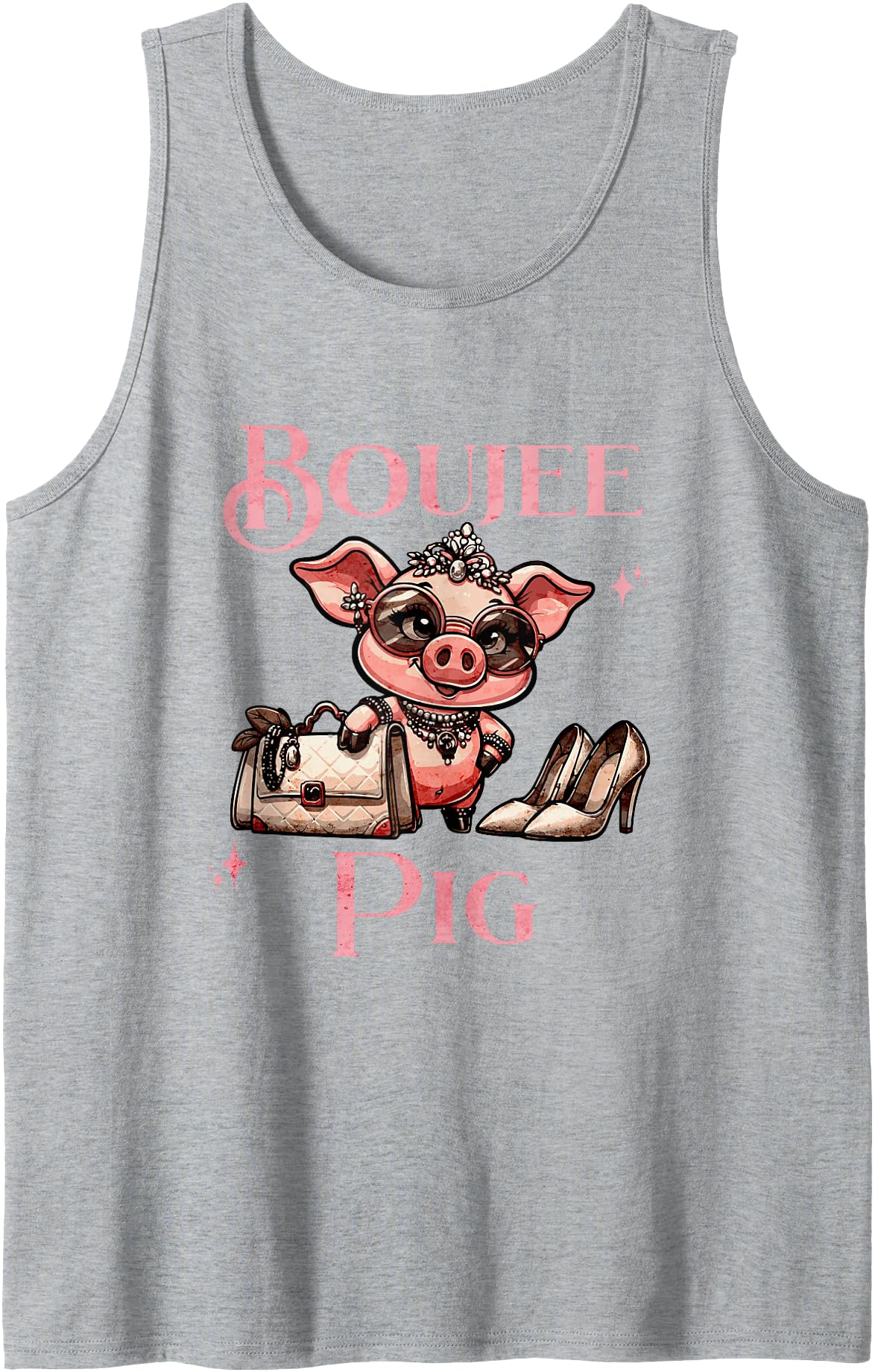 Stylish Swine Designs Boujee Pig with Sparkle and Style Pink Fashionista Tank Top - Heather Grey