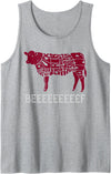 Funny Carnivore Designs Fun Meat Lover Cow BBQ Barbecue Beef Cuts Illustration Tank Top - Heather Grey