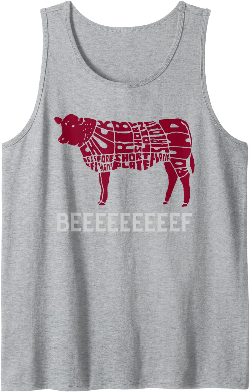 Funny Carnivore Designs Fun Meat Lover Cow BBQ Barbecue Beef Cuts Illustration Tank Top - Heather Grey