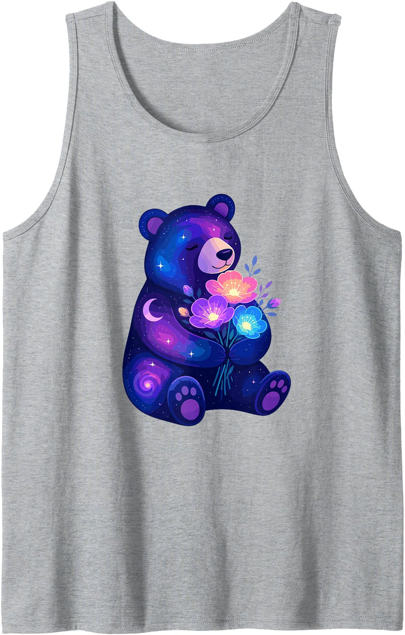 Galaxy Bear Space Flowers Cute Cosmic Night Cosmic Night Bear with Colorful Space Flowers Tank Top - Heather Grey