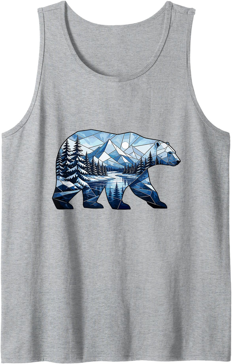 Wild Bear Mountain Forest Nature Landscape Geometric Polar Bear Winter Mountain Scene Tank Top - Heather Grey
