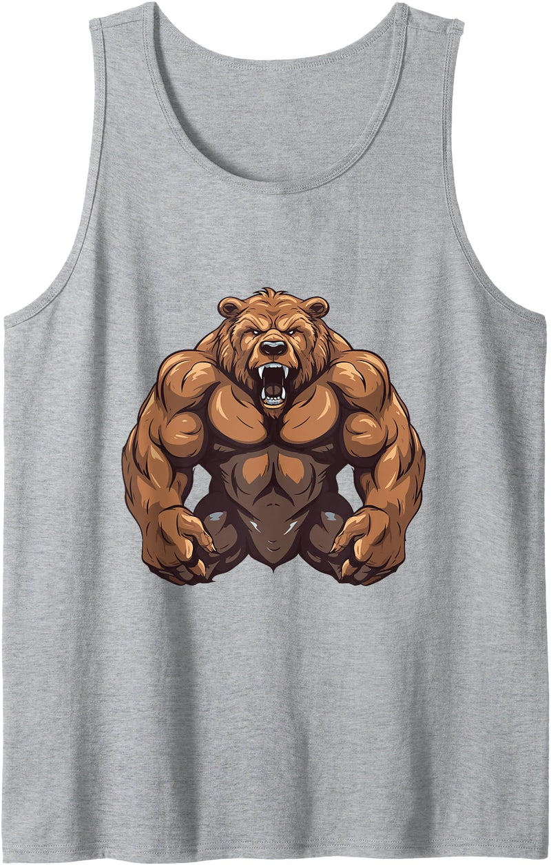 Workout Power Mood Inc Grizzly Bear WIth Muscles Workout Gym MMA Fighter Tank Top - Heather Grey