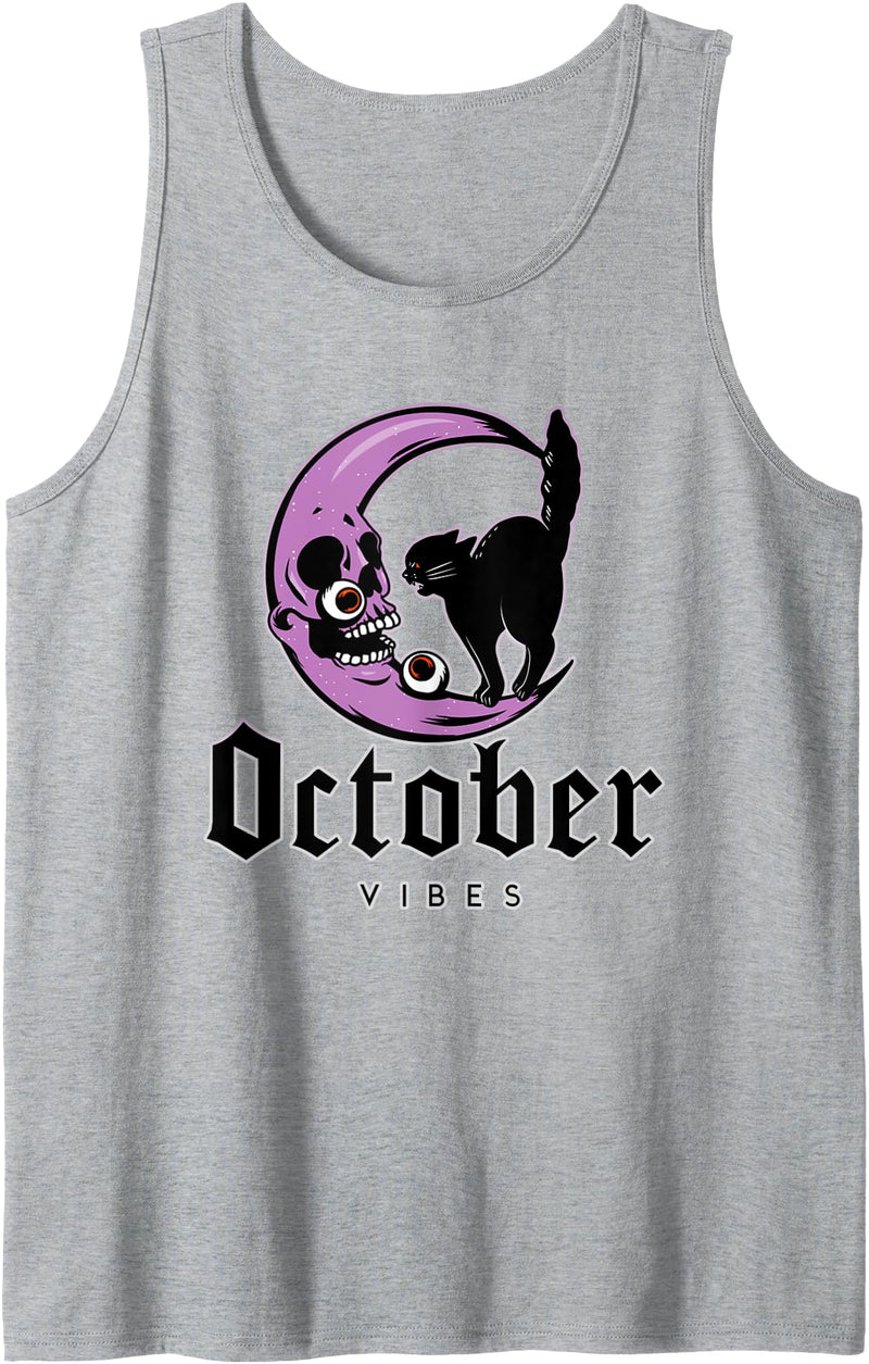 Night Creatures October Vibes Moon Black Cat Halloween Goth Gothic Tank Top - Heather Grey