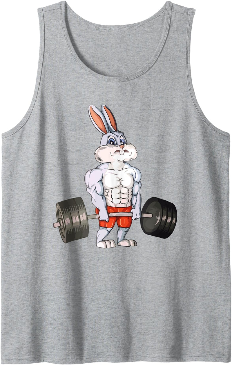 Rabbit Weightlifting Funny Deadlift Fitness Easter Day Tank Top in Heather Grey