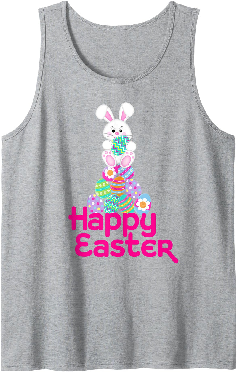 Happy Easter White Bunny on Pile of Eggs Easter Tank Top in Heather Grey