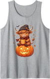 Spooky Highland Moo Crew Women Girls Tees Highland Cow Halloween Cute Pumpkin Autumn Womens Girls Tank Top - Heather Grey