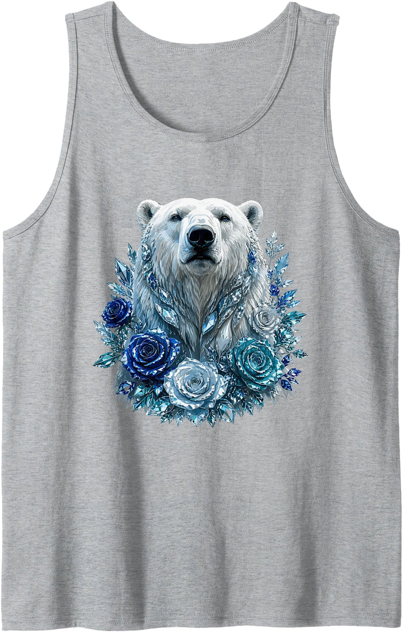 Arctic Polar Bear Crystal Rose Winter Spirit Majestic Polar Bear with Blue Ice Crystal Roses Tank Top - Heather Grey