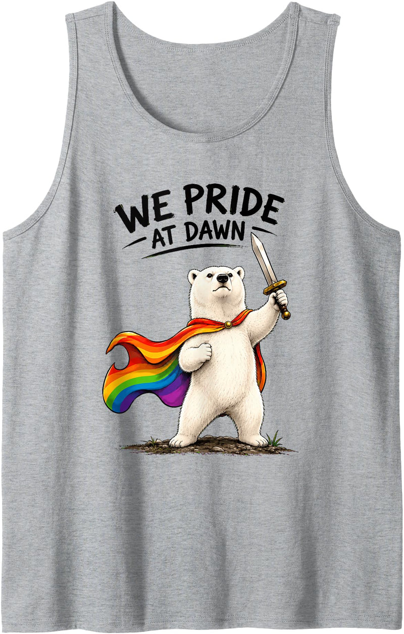 LGBTQ Polar Bear Pride Rainbow Dawn Humor We Pride At Dawn Funny LGBTQ Month Rainbow Polar Bear Gay Tank Top - Heather Grey