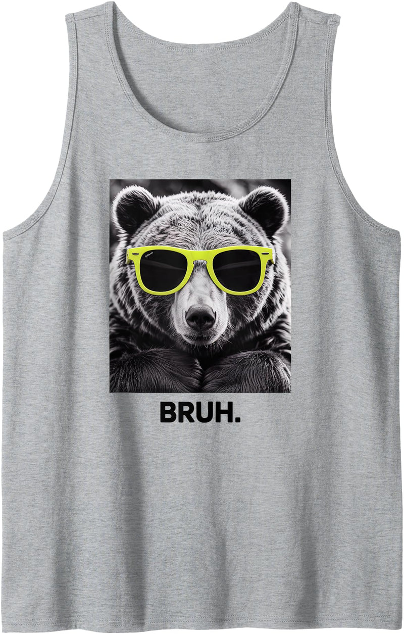 Chill Bear Retro Bear In Shades Funny Meme Designs BRUH Bear Vintage Photo With Retro Yellow Sunglasses Tank Top - Heather Grey
