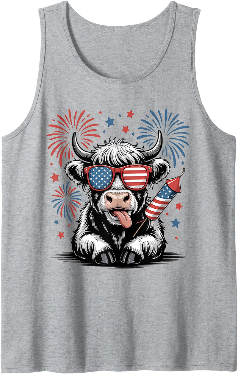 Retro Highland Cow Fourth of July Independence Day Cute Baby Highland Cow 4th of July Independence Day USA Farm Tank Top -