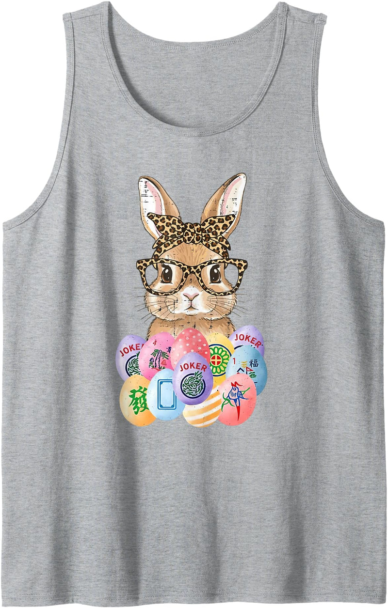 Easter Bunny Glasses Bandana Leopard Rabbit Mahjong Player Tank Top in Heather Grey