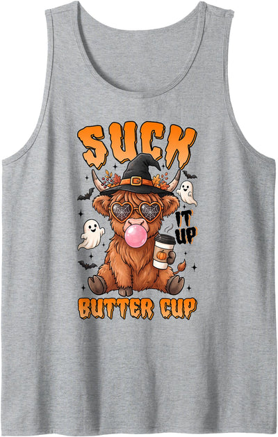 Suck It Up Buttercup Highland Cow Coffee Lover Halloween Tank Top