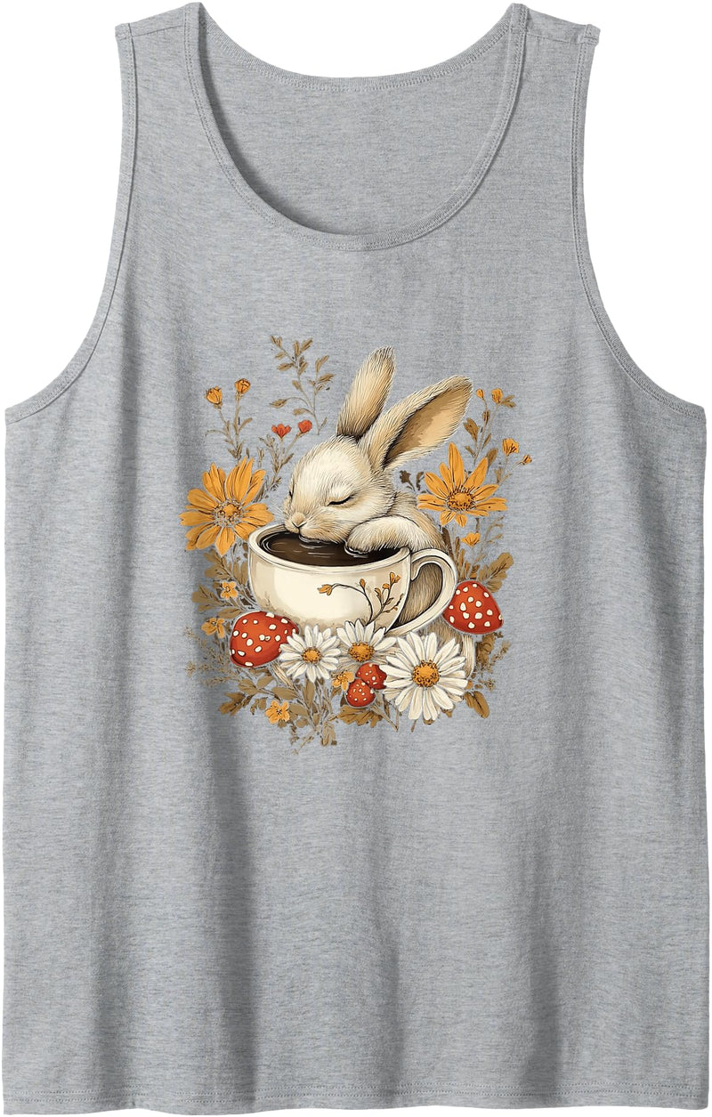 Bunny Tea Cup Women Girl Aesthetic Tank Top in Heather Grey
