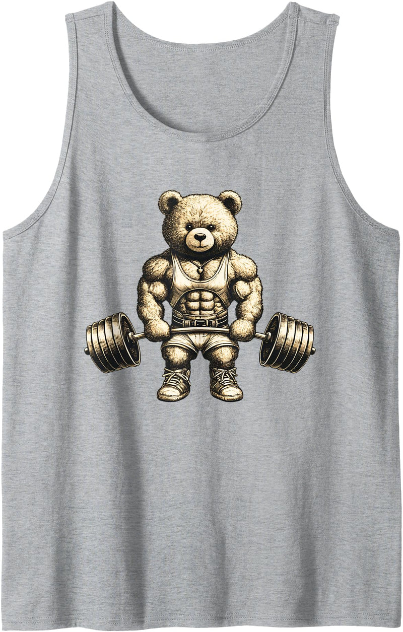 Funny Barbell Gym Graphic Tees for Women Men Kids Funny Teddy Bear Lifting Weights Gym Workout Animal Shirts Tank Top - Heather Grey