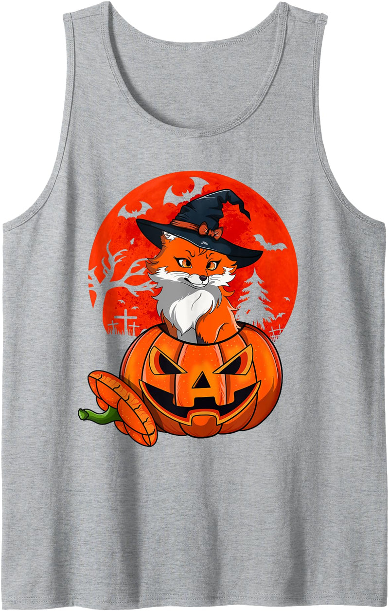 Funny Halloween, Pumpkin, Cute Fox Witch Cute Fox Witch Halloween Pumpkin Moon, Funny Fox Halloween Tank Top - Heather Grey