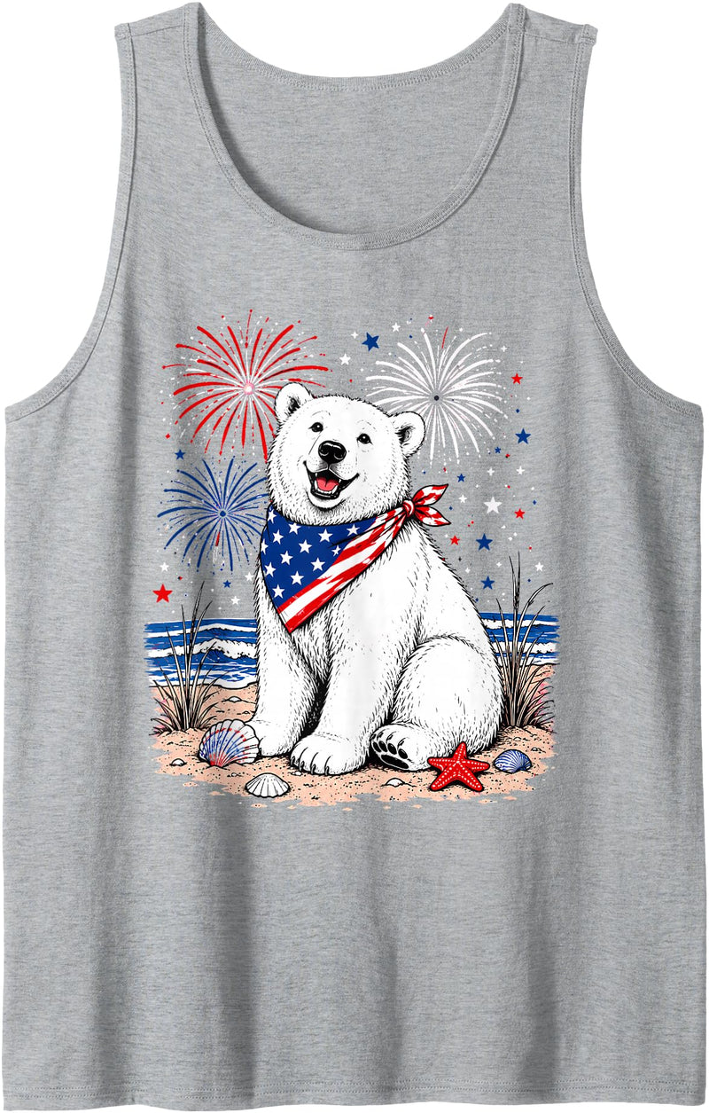 Patriotic Polar Bear Happy Beach Art Co Happy Polar Bear Patriotic Beach Fireworks 4th July Tank Top - Heather Grey