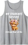 Funny Highland Cow Teacher Cute Coquette Bow My Students Survived A Whole Year of Me Teacher Highland Cow Tank Top - Heather