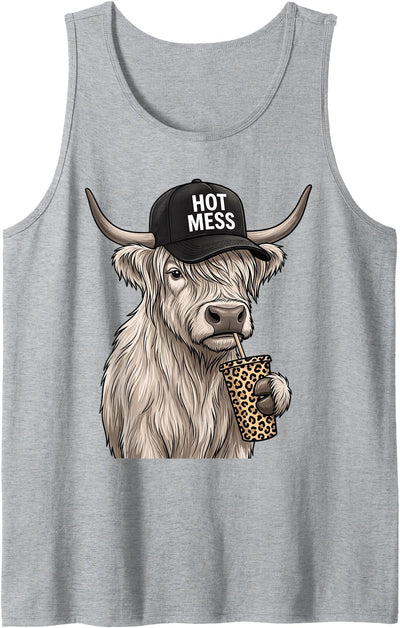 Hot Mess Funny Highland Cow Cute Coffee Lover Tank Top