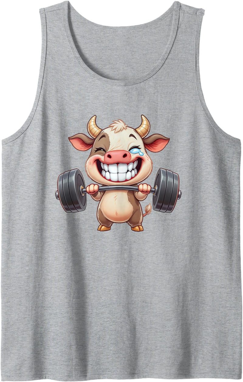 Cute Gym Cow Weightlifting Animal Workout Funny Cow Lifting Barbell Strength Workout Fitness Tank Top - Heather Grey