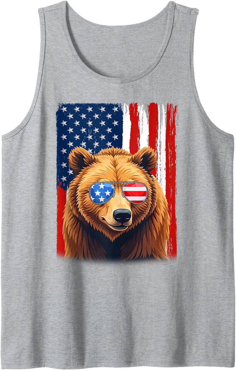 Patriotic USA Flag Grizzly Bear 4th of July Co. Grizzly Bear US America Flag Men Women 4th of July Patriotic Tank Top - Heather Grey
