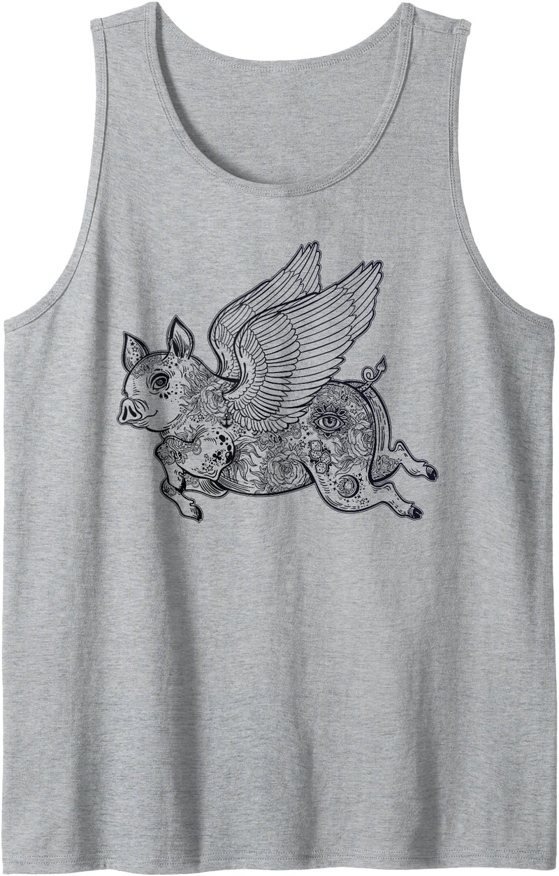 Pigs Fly Funny Graphic Apparel Flying Pig with Angel Wings & Third Eye Tattoo Graphic Art Tank Top - Heather Grey
