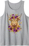 Boho Scottish Highlander Cow Apparel Cute Floral Boho Scottish Highlander Cow Wildflower Graphic Tank Top - Heather Grey