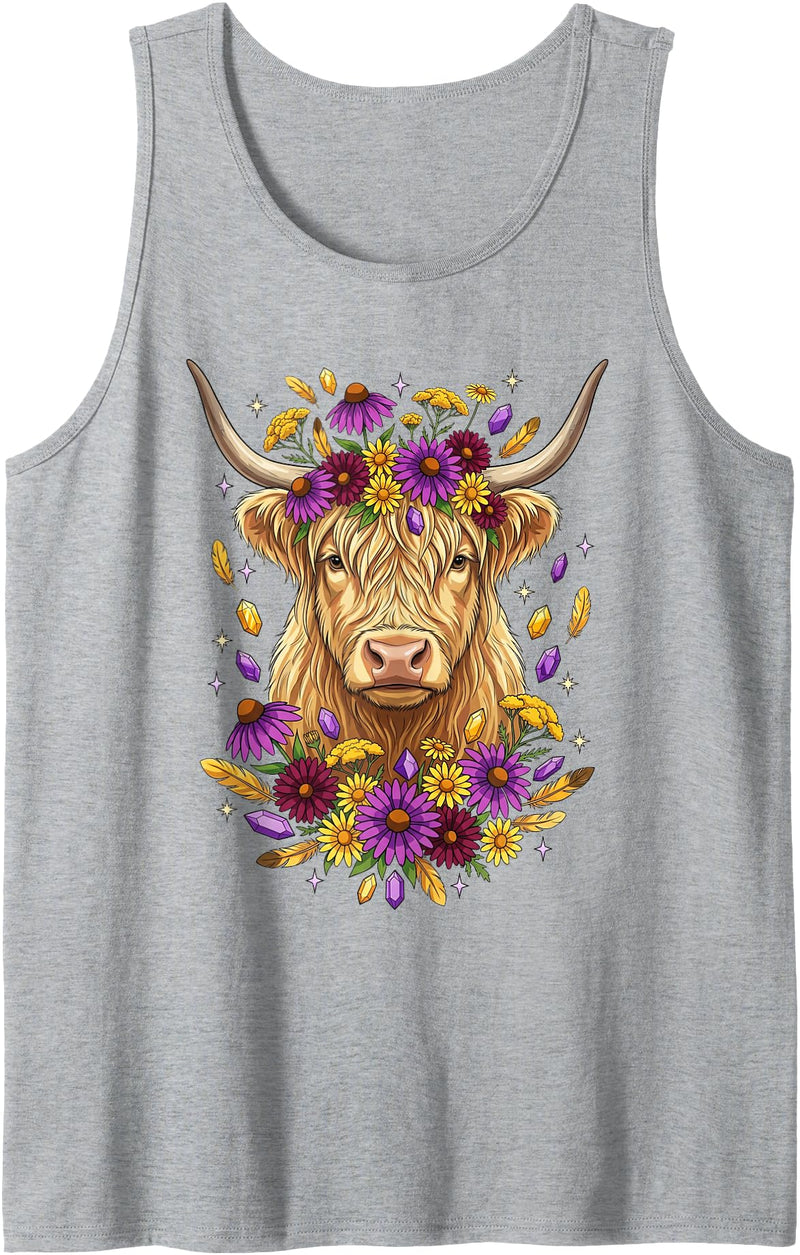 Boho Scottish Highlander Cow Apparel Cute Floral Boho Scottish Highlander Cow Wildflower Graphic Tank Top - Heather Grey